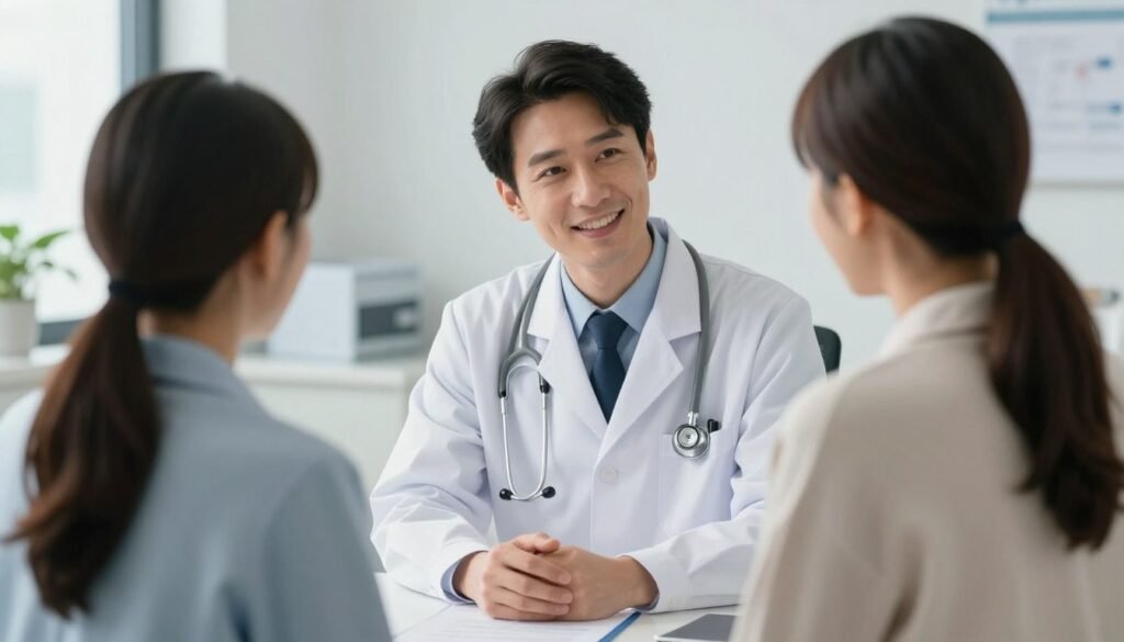 Uma fotografia profissional de alta resolução mostrando um médico residente em um ambiente hospitalar moderno, usando jaleco branco e estetoscópio, conversando de forma acolhedora com um paciente em um consultório bem iluminado, estilo humanizado.