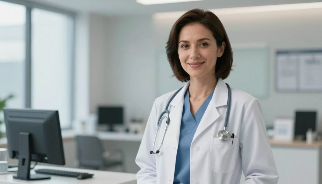 Uma fotografia profissional de estilo clínico humanizado, mostrando uma médica acolhedora em um consultório moderno e iluminado, transmitindo confiança e serenidade, alta resolução. Uma fotografia profissional de estilo clínico humanizado, mostrando uma médica acolhedora em um consultório moderno e iluminado, transmitindo confiança e serenidade, alta resolução.