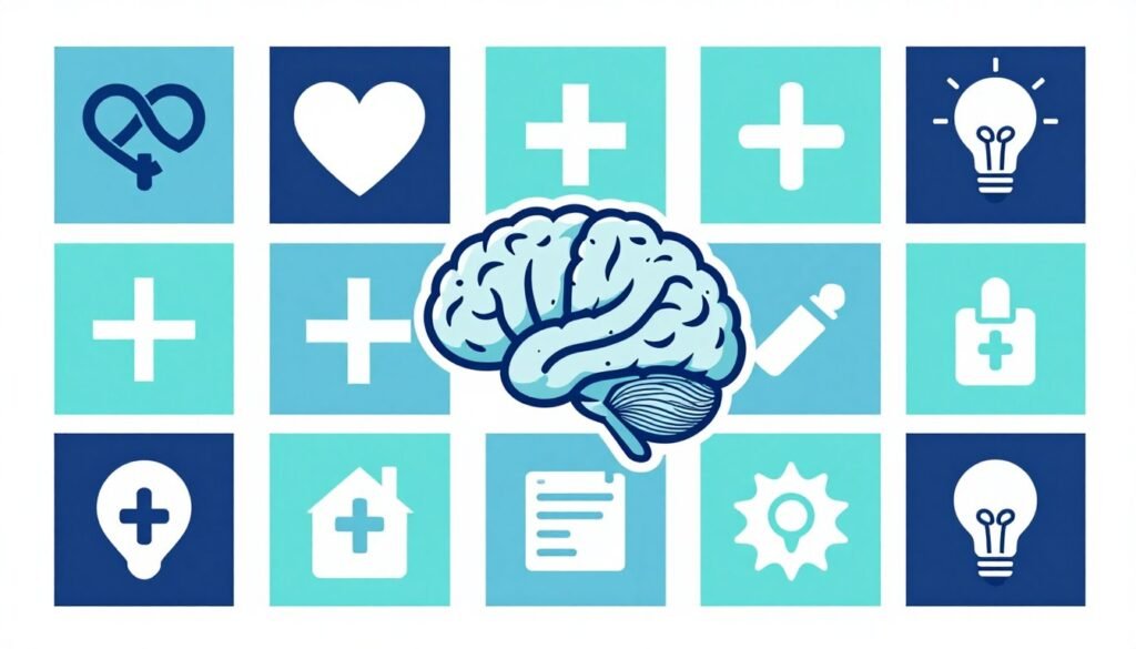 Uma ilustração estilo flat design mostrando um mosaico de ícones representando saúde mental, como um coração, um cérebro e uma lâmpada, em tons de azul e verde água, transmitindo calma e diversidade de cuidados.