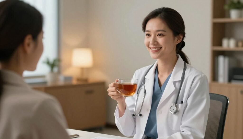 Uma imagem acolhedora de um consultório médico moderno com iluminação suave, mostrando uma médica sorrindo de forma empática enquanto segura uma xícara de chá, transmitindo segurança, esperança e cuidado profissional em saúde mental.