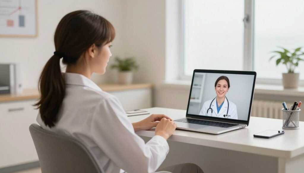Uma imagem acolhedora de um consultório médico moderno e iluminado, com uma poltrona confortável e um notebook exibindo uma médica sorridente, simbolizando o atendimento humanizado e a telemedicina.