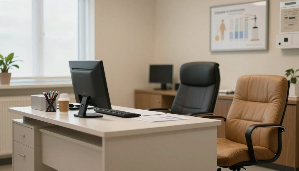 Uma imagem acolhedora e profissional de um consultório médico moderno e iluminado, com foco em uma mesa organizada e uma poltrona confortável, transmitindo segurança, esperança e cuidado clínico, estilo fotorealista, 4k.