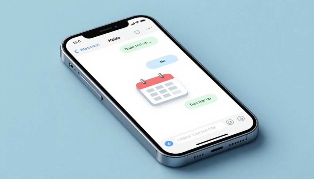 Uma imagem em estilo clean e profissional mostrando um smartphone com um aplicativo de mensagens aberto, exibindo uma conversa acolhedora com um ícone de calendário médico, iluminação suave e tons de azul pastel.