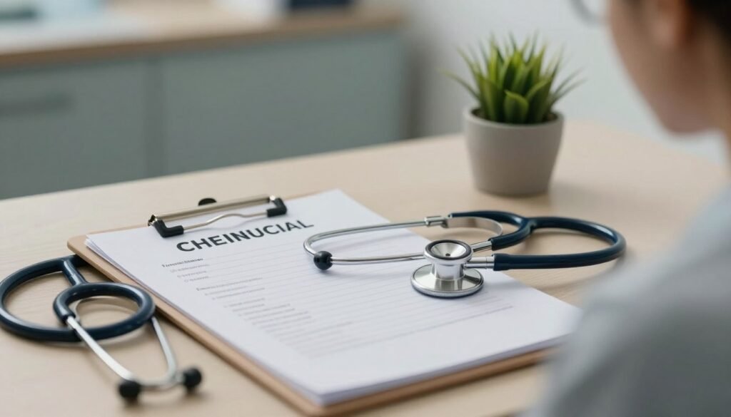 Uma imagem em estilo clínico humanizado, mostrando uma mesa de consultório com um prontuário médico, um estetoscópio e uma planta pequena ao fundo, transmitindo profissionalismo e acolhimento em saúde mental.