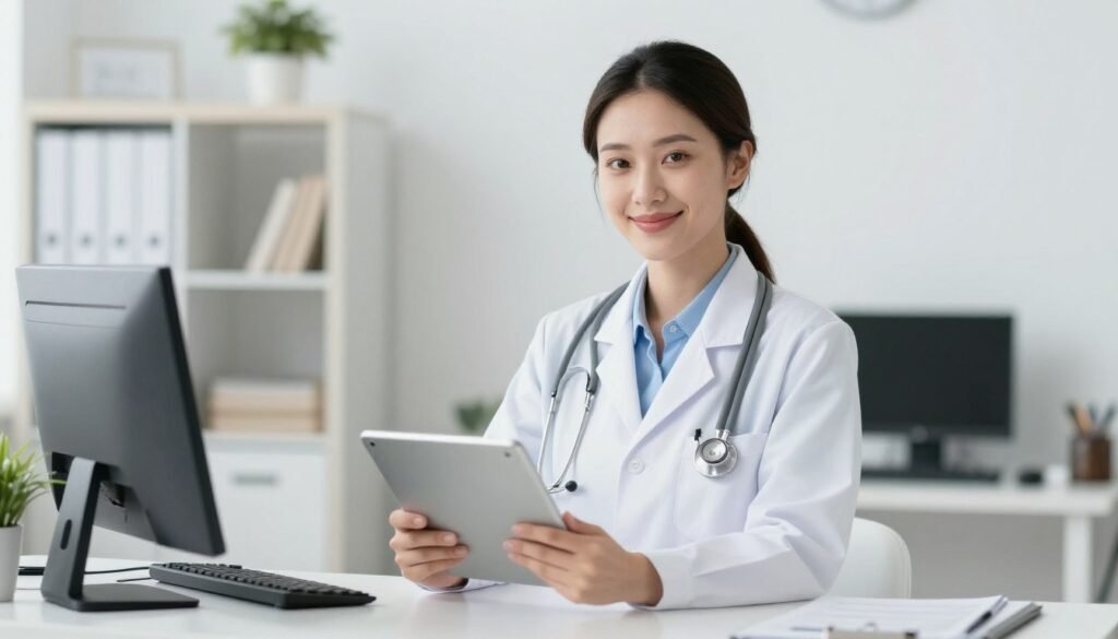 Uma imagem em estilo fotografia profissional e acolhedora, mostrando uma médica em seu consultório organizado e iluminado, sorrindo gentilmente enquanto segura um tablet, transmitindo confiança, empatia e tecnologia no atendimento de saúde mental.