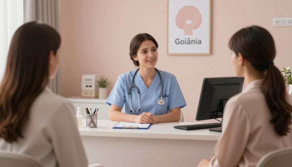 Uma imagem fotorrealista de um consultório médico acolhedor em Goiânia, com iluminação suave e tons pastéis, transmitindo tranquilidade e profissionalismo para quem busca tratamento de insônia.