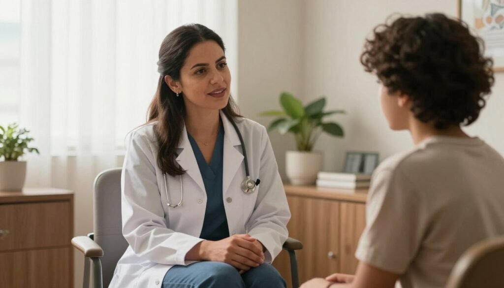 Uma imagem fotorrealista de um consultório médico acolhedor no Brasil. Uma médica especialista conversa calmamente com um paciente jovem. O ambiente é iluminado pela luz natural, transmitindo paz, empatia e profissionalismo, com foco no diálogo acolhedor.
