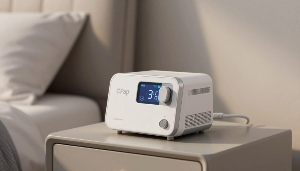 Uma imagem realista de um dispositivo CPAP moderno e silencioso posicionado em uma mesa de cabeceira elegante, iluminação suave de quarto acolhedor, alta resolução, foco suave no fundo. Uma imagem realista de um dispositivo CPAP moderno e silencioso posicionado em uma mesa de cabeceira elegante, iluminação suave de quarto acolhedor, alta resolução, foco suave no fundo.