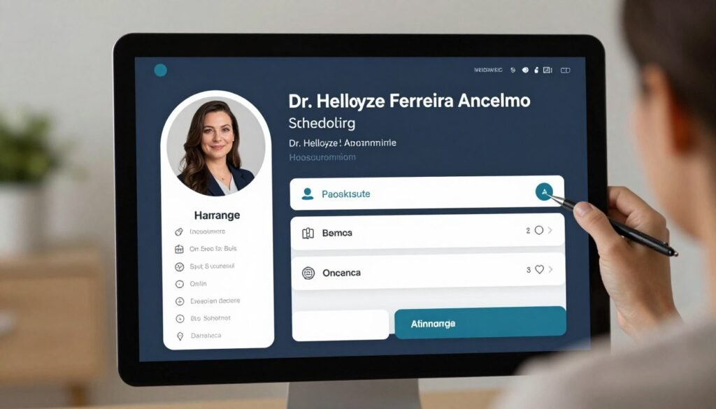 Uma interface digital de agendamento médico moderna e acolhedora, exibindo o perfil profissional da Dra. Helloyze Ferreira Ancelmo, transmitindo confiança e serenidade para o paciente.
