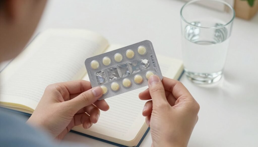 Uma mão feminina segurando uma cartela de pílulas anticoncepcionais modernas, ao lado de um diário de saúde e um copo de água, iluminação suave e profissional, estilo fotografia médica humanizada.