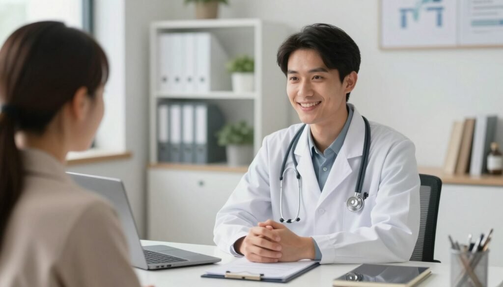Uma médica acolhedora conversando com um paciente em um consultório moderno e iluminado, estilo humanizado, alta resolução, cores suaves que transmitem paz e confiança.