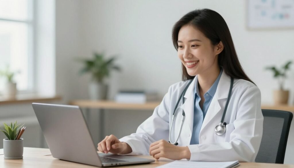 Uma médica acolhedora sorrindo em uma videochamada de telemedicina, ambiente profissional e iluminado, representando consulta psiquiatra online, estilo fotorealista e humanizado.