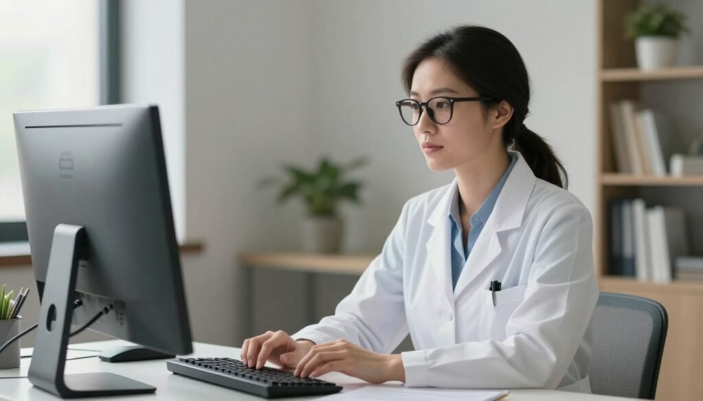Uma médica com expressão acolhedora e gentil, usando óculos e jaleco discreto, sentada em frente a um computador em um escritório bem iluminado e confortável, transmitindo confiança para uma consulta online de saúde mental.