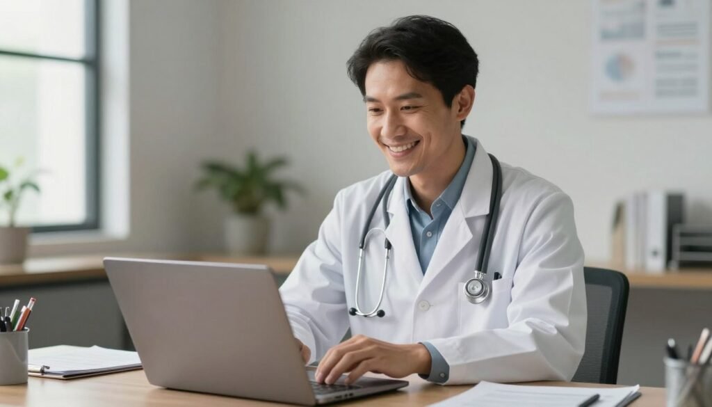 Uma médica com expressão acolhedora e profissional em uma videochamada de notebook, ambiente de consultório moderno e iluminado ao fundo, transmitindo segurança, empatia e tecnologia em saúde.