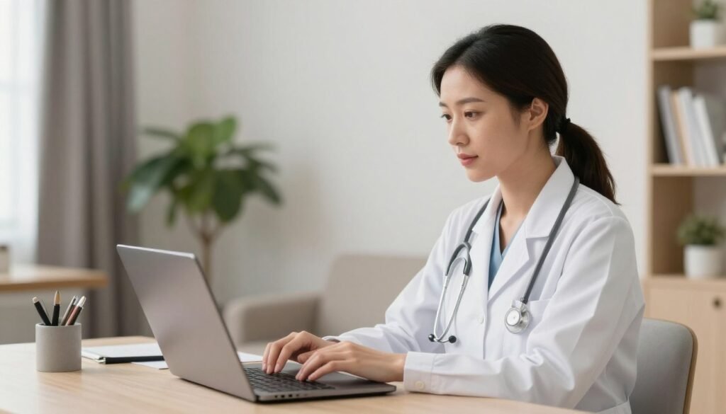 Uma médica com expressão acolhedora e profissional sentada em um consultório moderno e bem iluminado, utilizando um laptop para uma consulta de telemedicina. O ambiente transmite calma, segurança e tecnologia, com tons pastéis e uma planta ao fundo, estilo fotografia profissional de alta resolução para saúde mental. Uma médica com expressão acolhedora e profissional sentada em um consultório moderno e bem iluminado, utilizando um laptop para uma consulta de telemedicina. O ambiente transmite calma, segurança e tecnologia, com tons pastéis e uma planta ao fundo, estilo fotografia profissional de alta resolução para saúde mental.