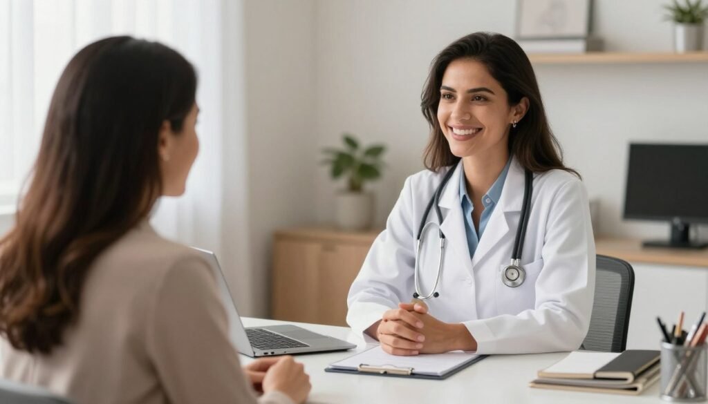Uma médica com fisionomia acolhedora e sorridente sentada em um consultório moderno e confortável em Goiânia, conversando de forma empática com uma mãe, ambiente iluminado com cores suaves, estilo fotografia profissional de saúde.