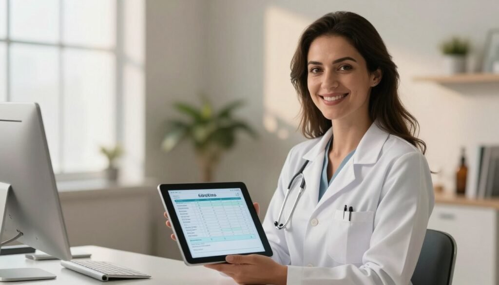 Uma médica de jaleco branco, com expressão empática e acolhedora, segurando um tablet com resultados de exames, em um consultório médico moderno e confortável em Goiânia, luz suave de fim de tarde entrando pela janela.