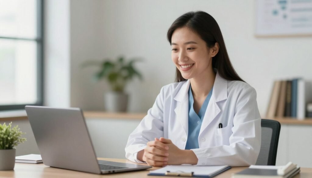 Uma médica especialista em saúde mental, com expressão acolhedora e empática, realizando uma consulta por vídeo em um escritório moderno e iluminado, capturando uma atmosfera de confiança e cuidado profissional, fotografia de alta resolução e luz suave. Uma médica especialista em saúde mental, com expressão acolhedora e empática, realizando uma consulta por vídeo em um escritório moderno e iluminado, capturando uma atmosfera de confiança e cuidado profissional, fotografia de alta resolução e luz suave.