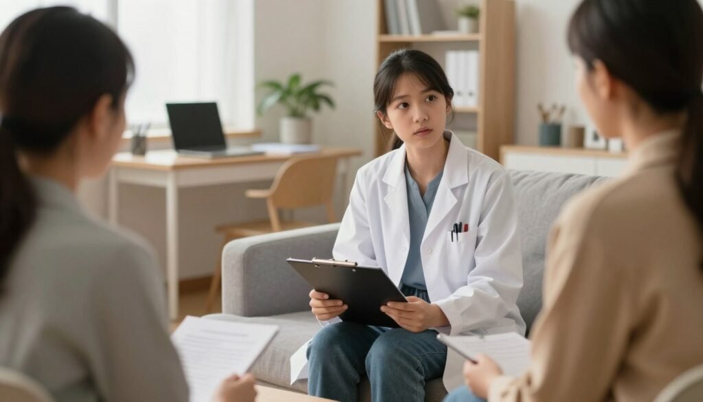 Uma médica especialista em saúde mental infantil sentada de forma acolhedora em um consultório humanizado, segurando uma prancheta e conversando com pais preocupados, ambiente iluminado e seguro.