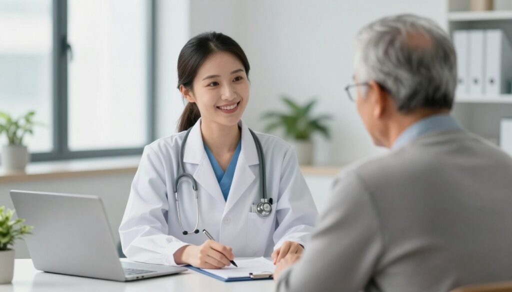 Uma médica jovem e acolhedora conversa com um senhor idoso em um ambiente de consultório moderno e iluminado, transmitindo confiança, empatia e cuidado profissional, estilo fotografia clínica de alta qualidade.