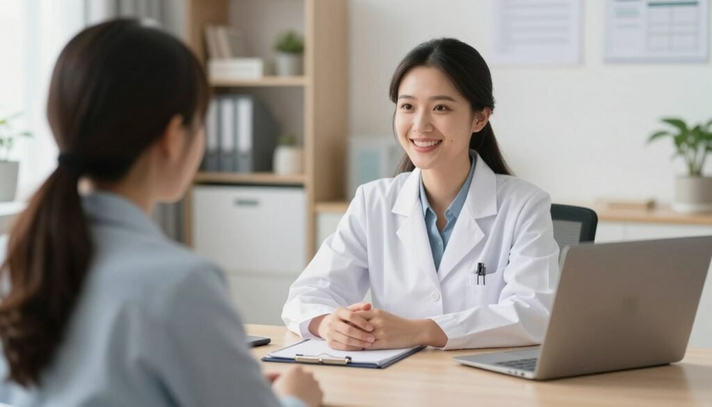 Uma médica psiquiatra acolhedora em seu consultório, conversando com uma paciente jovem, ambiente iluminado e confortável, estilo fotografia profissional de saúde.