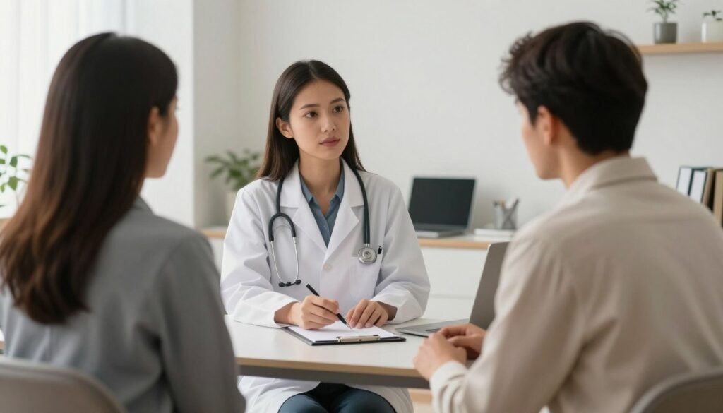 Uma médica psiquiatra acolhedora em seu consultório em Goiás, atendendo um paciente adulto com empatia, ambiente moderno e iluminado, estilo fotográfico realista, alta resolução.