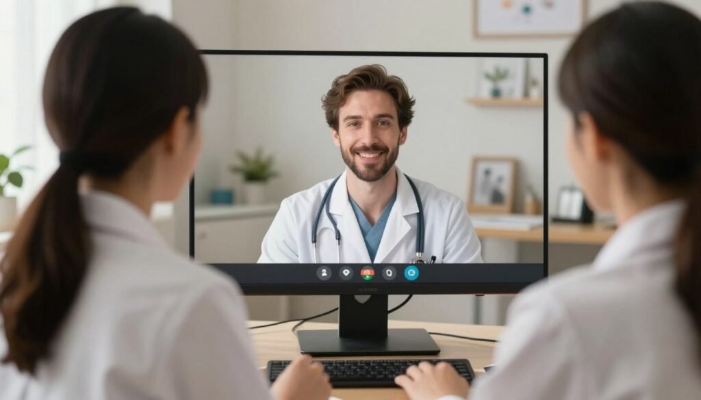 Uma médica psiquiatra acolhedora em uma consulta online por vídeo, transmitindo confiança e profissionalismo através de uma tela de computador, ambiente calmo, iluminado e acolhedor. Uma médica psiquiatra acolhedora em uma consulta online por vídeo, transmitindo confiança e profissionalismo através de uma tela de computador, ambiente calmo, iluminado e acolhedor.