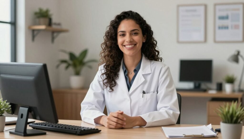 Uma médica psiquiatra brasileira sorridente e acolhedora em seu consultório moderno e iluminado, transmitindo segurança, empatia e profissionalismo, estilo fotografia comercial de alta qualidade, 4k.