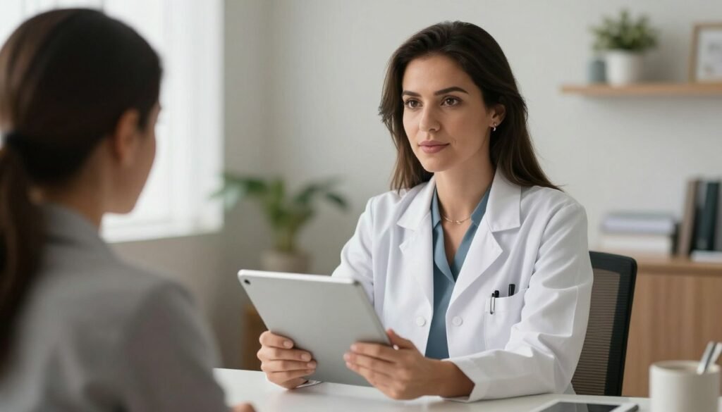 Uma médica psiquiatra com expressão empática e acolhedora em um consultório iluminado em Goiânia, segurando um tablet, transmitindo profissionalismo e cuidado humano, estilo cinematográfico soft focus.