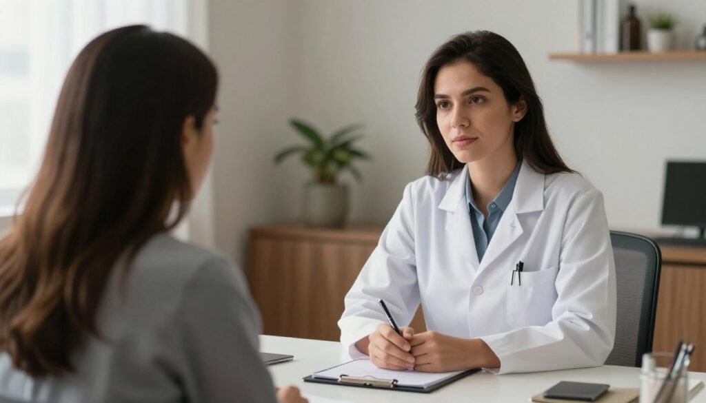 Uma médica psiquiatra em Goiânia realizando uma consulta acolhedora com um paciente em um consultório moderno e confortável, iluminação suave e natural, estilo fotorealista, foco na expressão empática da profissional.