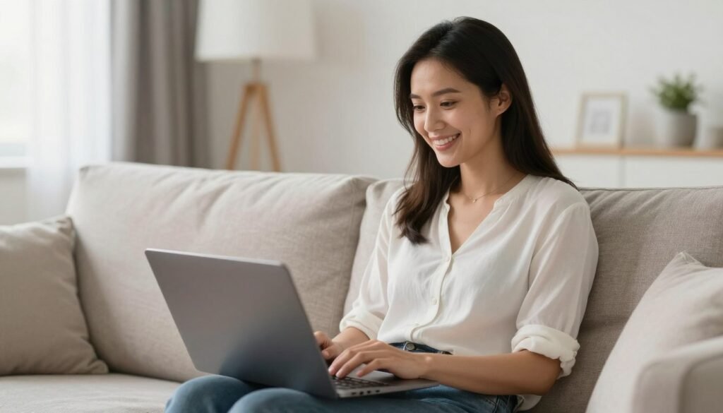 Uma mulher sorridente sentada em um sofá confortável usando um laptop para uma consulta de telemedicina, ambiente iluminado e acolhedor, estilo fotografia de banco de imagens de alta qualidade. Uma mulher sorridente sentada em um sofá confortável usando um laptop para uma consulta de telemedicina, ambiente iluminado e acolhedor, estilo fotografia de banco de imagens de alta qualidade.