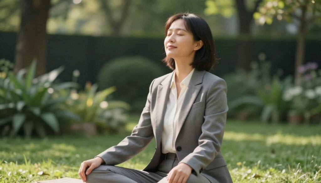 Uma pessoa sentada em um jardim tranquilo com luz solar suave, praticando respiração profunda com uma expressão de paz e serenidade, estilo fotografia realista de alta qualidade.
