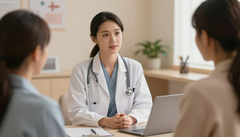 Uma sala de atendimento clínico acolhedora, com iluminação suave e tons pastéis, mostrando uma médica sorridente e atenciosa conversando com um paciente, estilo cinematográfico e humanizado.
