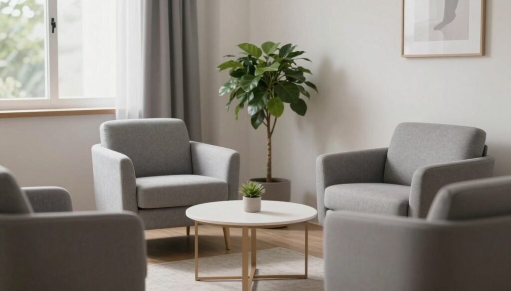 Uma sala de consulta de psicologia moderna e acolhedora, com luz natural suave, poltronas confortáveis de tecido cinza e uma planta verde ao canto, transmitindo paz e profissionalismo.