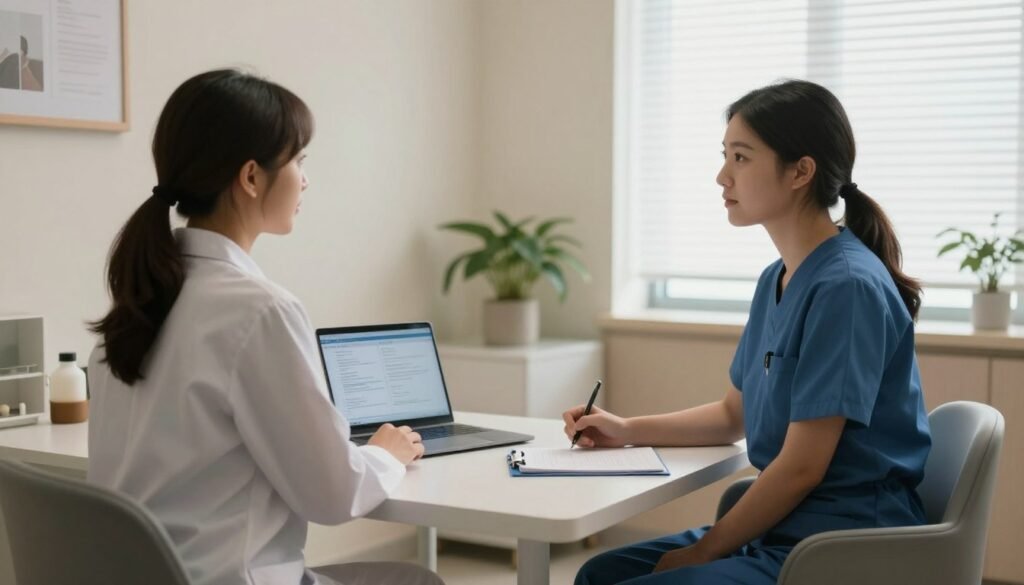 Uma sala de consulta médica acolhedora e moderna, com iluminação suave e natural, transmitindo segurança e profissionalismo, estilo fotografia realista de alta qualidade.