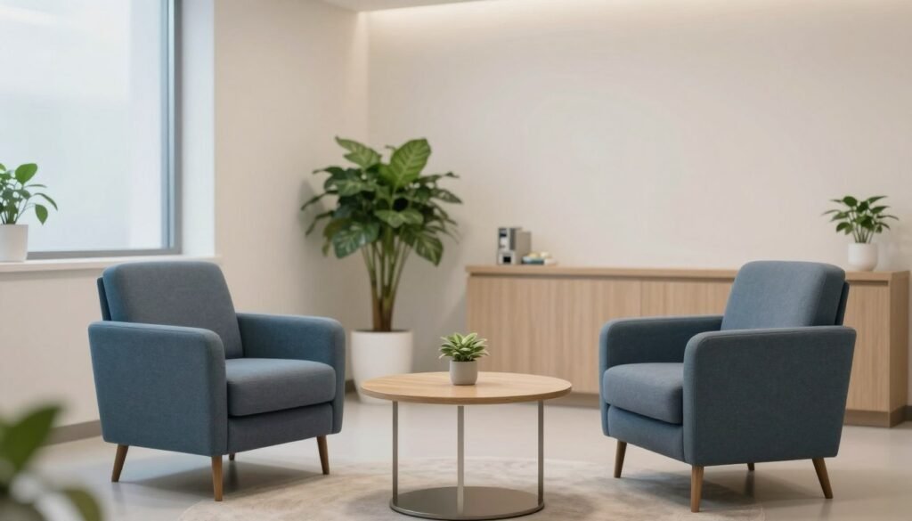 Uma sala de consulta médica acolhedora e moderna, com iluminação suave, poltronas confortáveis em tons de azul e cinza, plantas verdes ao fundo, ambiente sereno que transmite segurança e profissionalismo clínico.