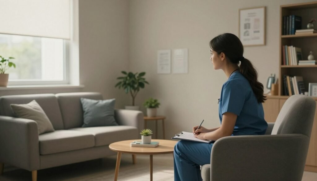 Uma sala de consulta médica acolhedora e moderna, com luz natural suave entrando pela janela, poltronas confortáveis e uma estante de livros ao fundo, transmitindo paz e profissionalismo.