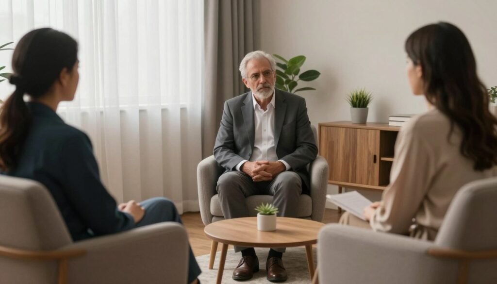 Uma sala de consulta psiquiátrica em Goiânia com decoração acolhedora, poltronas confortáveis, iluminação natural suave e uma atmosfera que transmite segurança, calma e profissionalismo médico humanizado.