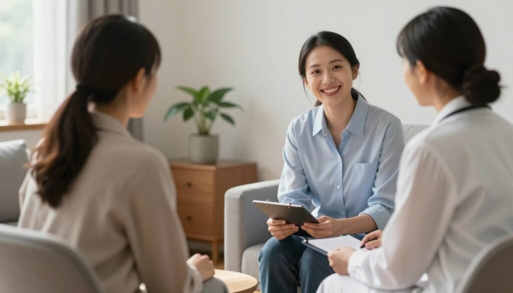 Uma sala de terapia acolhedora com luz natural suave, mostrando um psicólogo sorridente conversando de forma empática com um jovem em um ambiente confortável e seguro, estilo fotografia profissional de saúde mental.