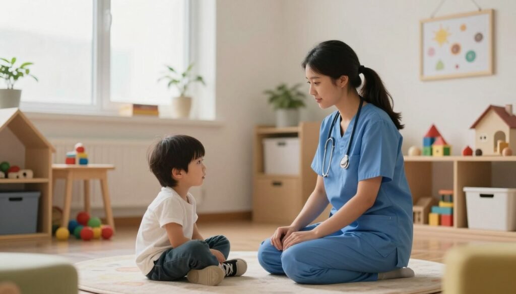 Uma sala de terapia infantil acolhedora e iluminada, com brinquedos educativos e um ambiente seguro, transmitindo paz e cuidado profissional, estilo fotográfico realista e humanizado.