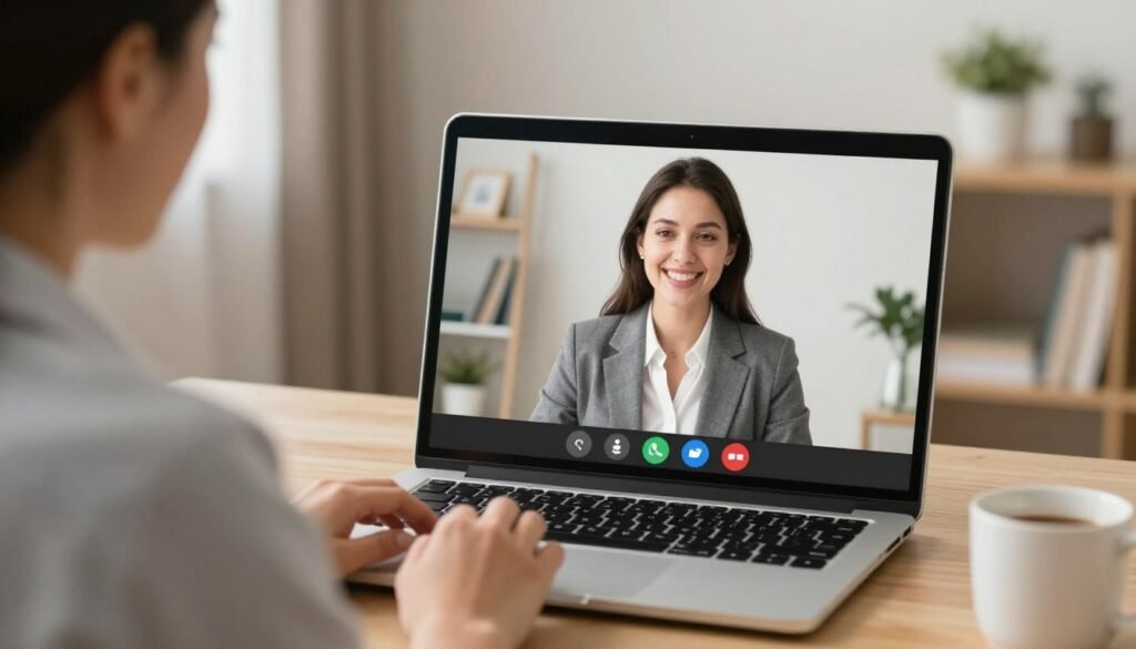 Uma sessão de terapia online em um notebook, mostrando o rosto acolhedor de uma psicóloga em vídeo, ambiente doméstico aconchegante e iluminado.