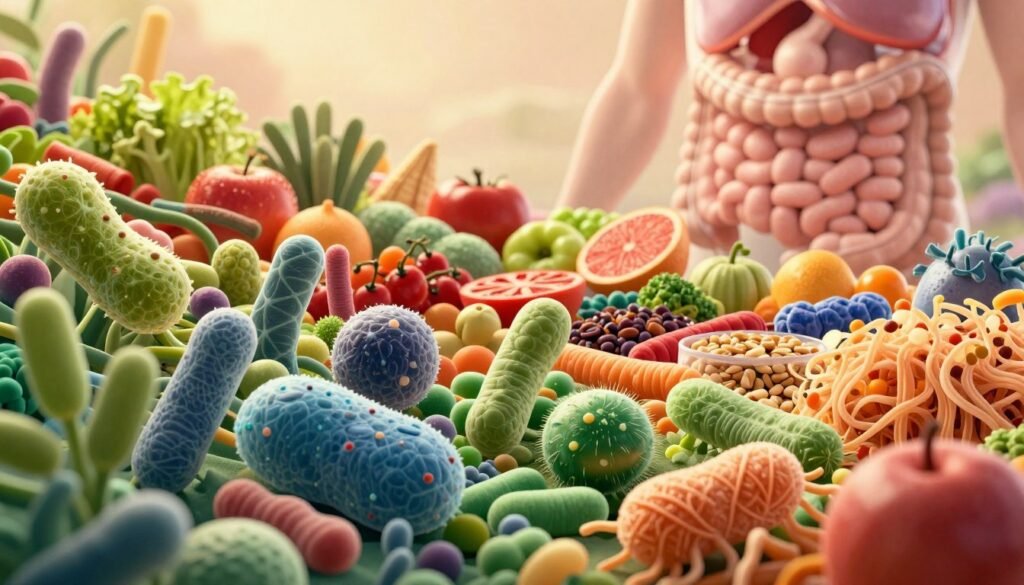 Vibrant illustration of a diverse intestinal microbiota, showcasing an intricate, colorful ecosystem of bacteria and microorganisms. In the foreground, detailed representations of distinct microbial shapes—spherical, rod-like, and spiral—intertwined with lush green plant elements and dietary fibers. The middle layer blends vibrant fruits, vegetables, and whole grains, symbolizing healthy foods that nourish the microbiome. The background features a soft-focus depiction of a human digestive system, emphasizing the connection between microflora and health. Utilize a warm, inviting color palette with natural lighting to create a sense of balance and harmony, evoking a mood of well-being and vitality. Use a slightly elevated angle for a dynamic view that brings the microbiota to life. The composition should be clear and engaging, free of text and distractions.