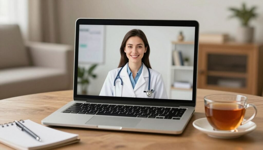 /imagine prompt: A professional online consultation setup, a laptop screen showing a kind female doctor, a notepad and a cup of tea on the table, warm and blurred home background, high quality --ar 16:9